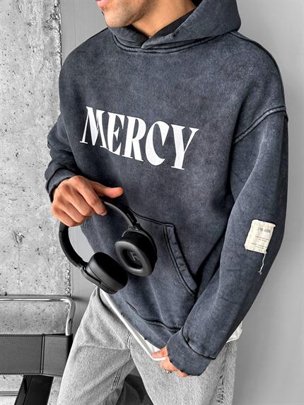 Erkek Oversize Baskılı Kapüşonlu Pamuklu Sweatshirt Siyah