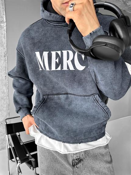 Erkek Oversize Baskılı Kapüşonlu Pamuklu Sweatshirt Siyah