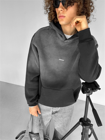 Erkek Oversize Baskılı Kapüşonlu Sweatshirt Siyah