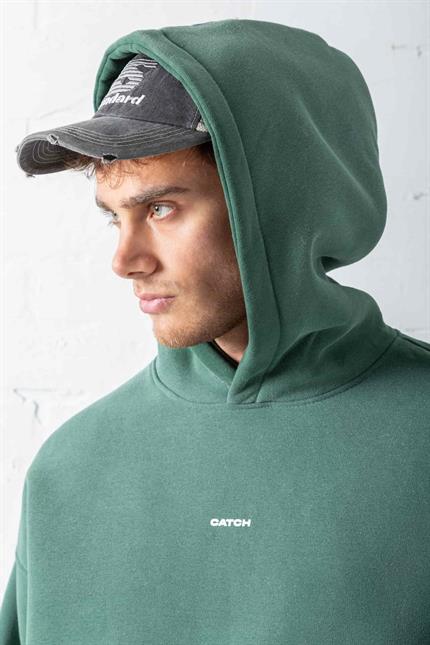 Erkek Oversize Baskılı Kapüşonlu Sweatshirt Yeşil