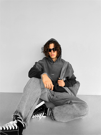 Erkek Oversize Baskılı Kapüşonlu Sweatshirt Siyah