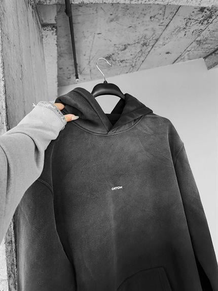 Erkek Oversize Baskılı Kapüşonlu Sweatshirt Siyah