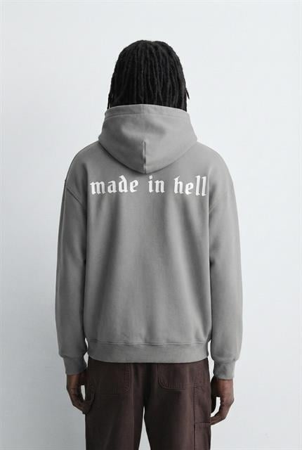 Unisex Oversize Baskılı Premium 3 İplik Kapüşonlu Sweatshirt Gri