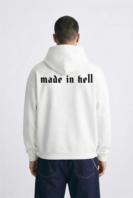 Unisex Oversize Baskılı Premium 3 İplik Kapüşonlu Sweatshirt Ekru