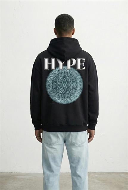 Unisex Oversize Kabartma Baskılı Premium Kalın Kapüşonlu Sweatshirt Siyah