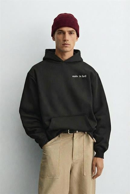 Unisex Oversize Baskılı Premium 3 İplik Kapüşonlu Sweatshirt Siyah