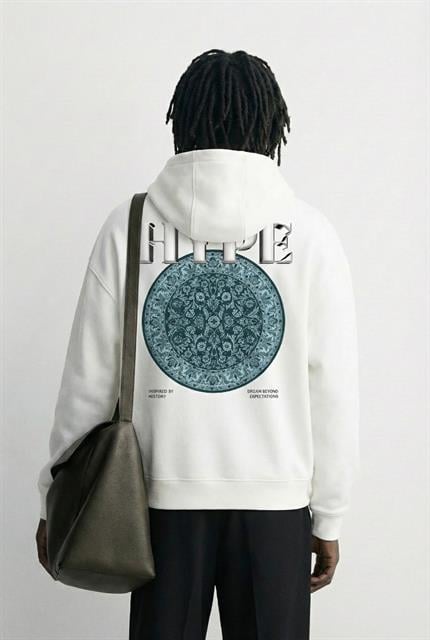 Unisex Oversize Kabartma Baskılı Premium Kalın Kapüşonlu Sweatshirt Ekru