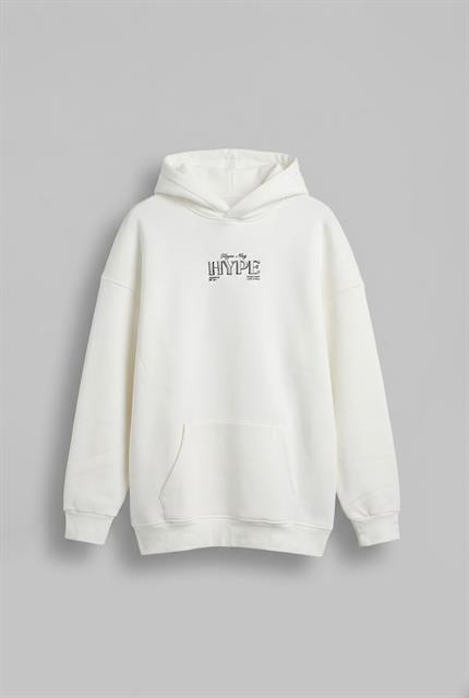 Unisex Oversize Kabartma Baskılı Premium Kalın Kapüşonlu Sweatshirt Ekru