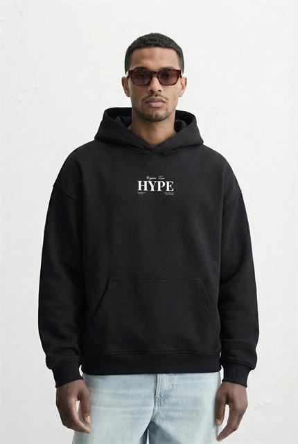 Unisex Oversize Kabartma Baskılı Premium Kalın Kapüşonlu Sweatshirt Siyah