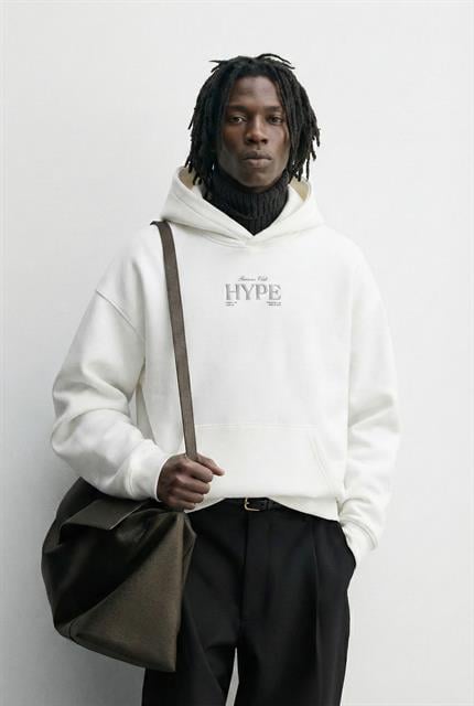 Unisex Oversize Kabartma Baskılı Premium Kalın Kapüşonlu Sweatshirt Ekru