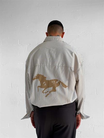 Erkek Oversize Baskılı Uzun Kollu Gömlek Açık Kahve