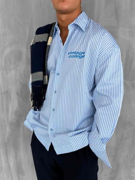 Erkek Oversize Baskılı Uzun Kollu Gömlek Mavi