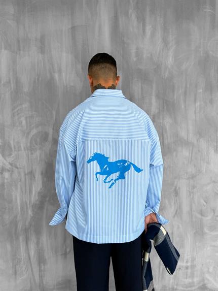 Erkek Oversize Baskılı Uzun Kollu Gömlek Mavi