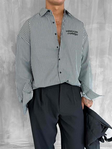 Erkek Oversize Baskılı Uzun Kollu Gömlek Siyah