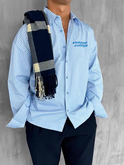 Erkek Oversize Baskılı Uzun Kollu Gömlek Mavi