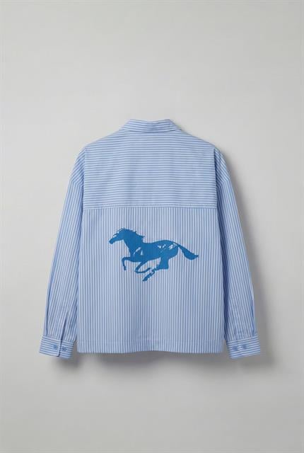 Erkek Oversize Baskılı Uzun Kollu Gömlek Mavi