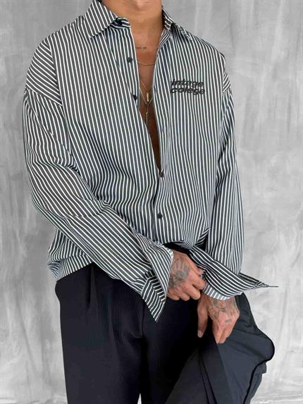 Erkek Oversize Baskılı Uzun Kollu Gömlek Siyah