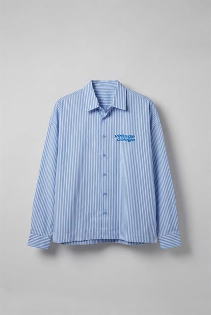 Erkek Oversize Baskılı Uzun Kollu Gömlek Mavi