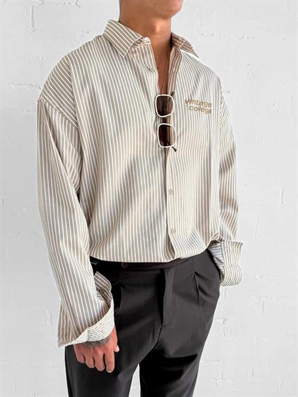 Erkek Oversize Baskılı Uzun Kollu Gömlek Açık Kahve