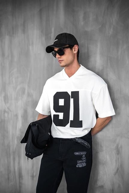 Erkek Oversize Baskılı V Yaka Forma T-Shirt Ekru