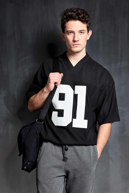 Erkek Oversize Baskılı V Yaka Forma T-Shirt Siyah