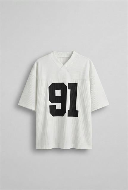 Erkek Oversize Baskılı V Yaka Forma T-Shirt Ekru