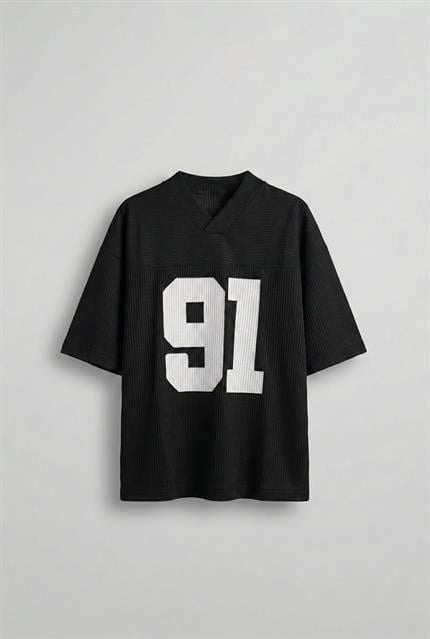 Erkek Oversize Baskılı V Yaka Forma T-Shirt Siyah