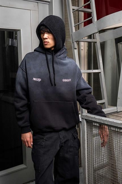 Erkek Oversize Baskılı Yıkamalı Kapüşonlu Hoodie Siyah