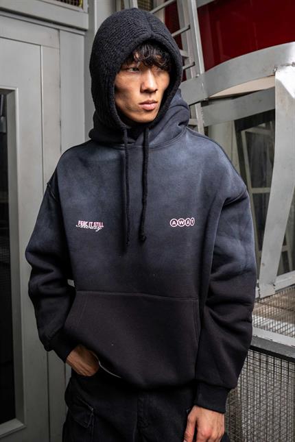Erkek Oversize Baskılı Yıkamalı Kapüşonlu Hoodie Siyah