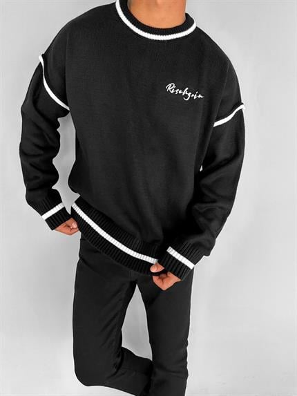 Erkek Oversize Baskılı Yuvarlak Yaka Pamuklu Kazak Siyah