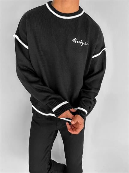 Erkek Oversize Baskılı Yuvarlak Yaka Pamuklu Kazak Siyah