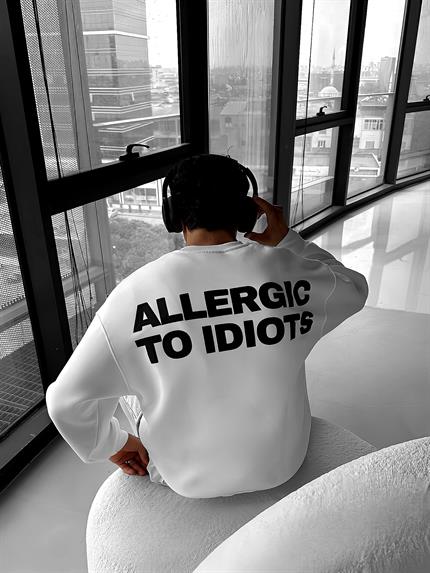 Erkek Oversize Baskılı Yuvarlak Yakalı Uzun Kollu Sweatshirt Beyaz