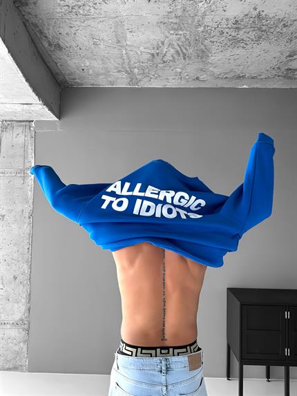 Erkek Oversize Baskılı Yuvarlak Yakalı Uzun Kollu Sweatshirt Mavi