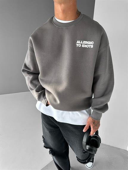 Erkek Oversize Baskılı Yuvarlak Yakalı Uzun Kollu Sweatshirt Füme