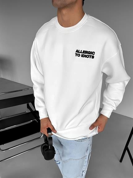 Erkek Oversize Baskılı Yuvarlak Yakalı Uzun Kollu Sweatshirt Beyaz