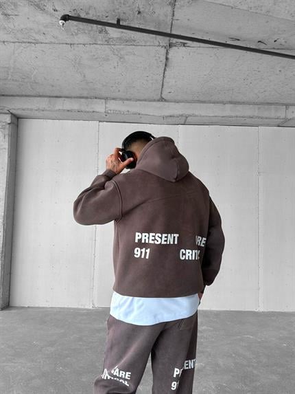 Erkek Oversize Basklı Yıkamalı Hoodie Kahverengi