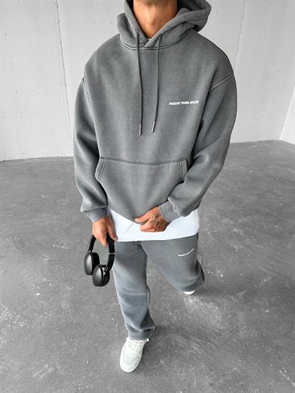 Erkek Oversize Basklı Yıkamalı Hoodie Gri