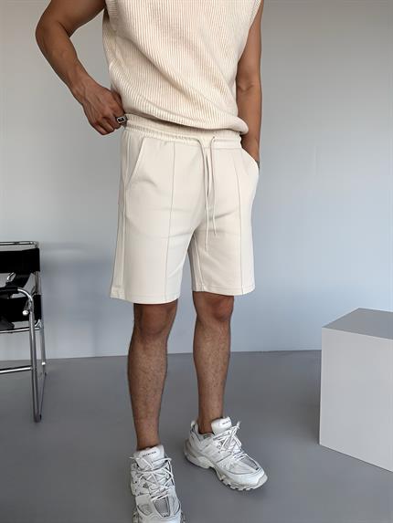 Erkek Oversize Beli Lastikli Şort Bej