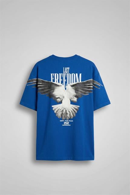 Erkek Oversize Bisiklet Yaka %100 Pamuk Yıkamalı T-Shirt Mavi