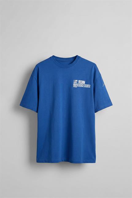 Erkek Oversize Bisiklet Yaka %100 Pamuk Yıkamalı T-Shirt Mavi