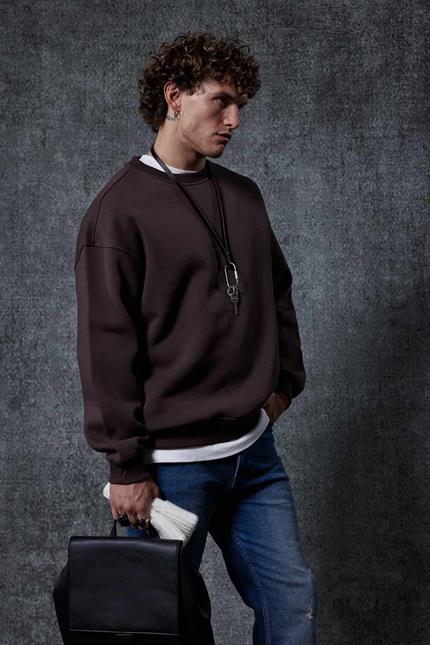 Erkek Oversize Bisiklet Yaka Basic Sweatshirt Kahverengi