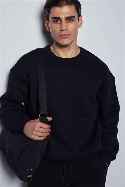 Erkek Oversize Bisiklet Yaka Basic Sweatshirt Siyah