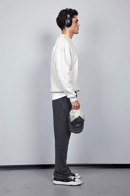 Erkek Oversize Bisiklet Yaka Basic Sweatshirt Gri