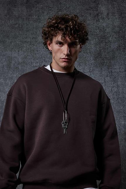 Erkek Oversize Bisiklet Yaka Basic Sweatshirt Kahverengi