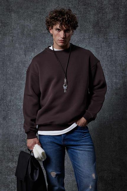 Erkek Oversize Bisiklet Yaka Basic Sweatshirt Kahverengi