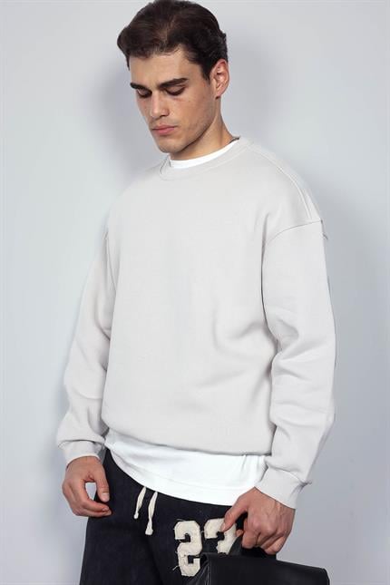 Erkek Oversize Bisiklet Yaka Basic Sweatshirt Gri