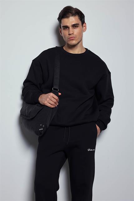 Erkek Oversize Bisiklet Yaka Basic Sweatshirt Siyah