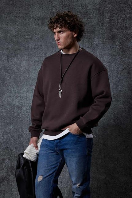 Erkek Oversize Bisiklet Yaka Basic Sweatshirt Kahverengi