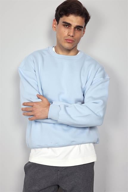Erkek Oversize Bisiklet Yaka Basic Sweatshirt Açık Mavi