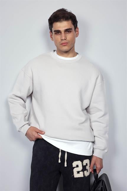 Erkek Oversize Bisiklet Yaka Basic Sweatshirt Gri